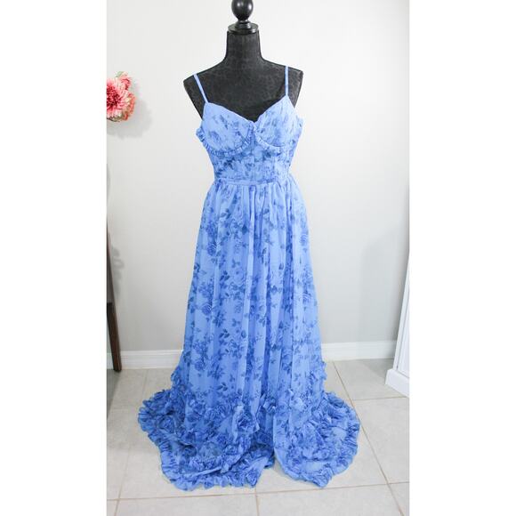 NWT Size 10 Blue Floral Burnout Fairy Wedding Dress Corset Back Boho Elopement - Picture 2 of 7
